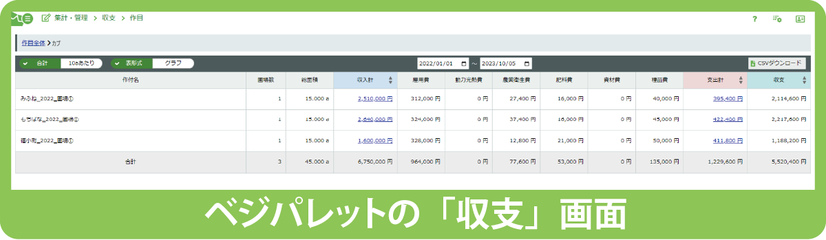 ベジパレット収支画面