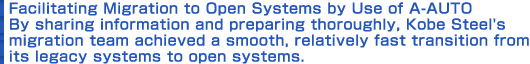 Facilitating Migration to Open Systems by Use of A-AUTO<br />
	By sharing information and preparing thoroughly, Kobe Steel's migration team achieved 
a smooth, relatively fast transition from its legacy systems to open systems.